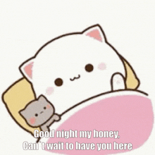 a cartoon cat is laying in a bed with a gray cat and a pink blanket .