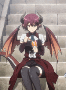 a girl with horns and wings is sitting on a set of steps