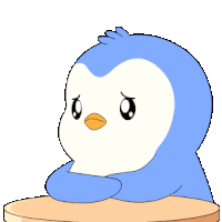 a cartoon penguin is sitting at a table with its head resting on its arm