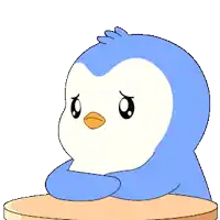 a cartoon penguin is sitting at a table with its head resting on its arm