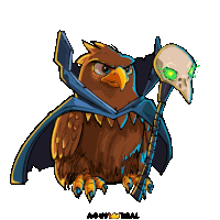 a cartoon drawing of an owl with a skull on its head and the name agui real on the bottom right