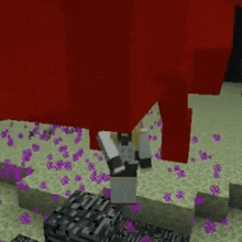 a girl in a minecraft video game is standing next to a purple flower .