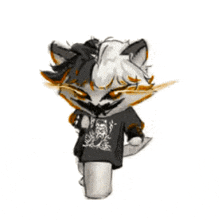 a cartoon drawing of a raccoon wearing a black shirt with a picture of a man on it .