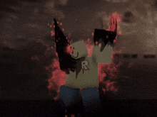 a roblox character is holding a gun and wearing a hoodie that has the letter r on it