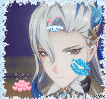 a picture of a girl with long white hair has a blue kiss on her cheek