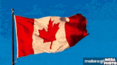 a red white and blue canadian flag is flying in the wind