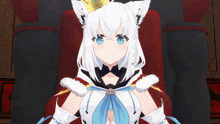 a white anime girl with a crown on her head sits in a chair
