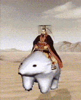 a man in a crown is riding a polar bear in the desert