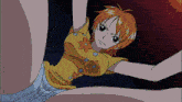 a cartoon girl with orange hair and a yellow top with flowers on it