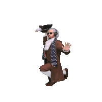 a man in a historical costume is kneeling down holding an eagle on his head