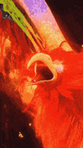 a painting of a red bird with its mouth open