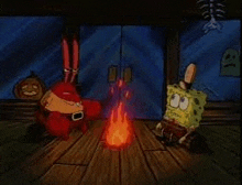 a cartoon of spongebob and krabby patty sitting around a fire .