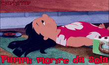 a cartoon of a girl laying on the floor with the words " fammi morte da sola " above her
