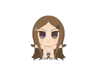 a cartoon drawing of a girl with brown hair and purple eyes