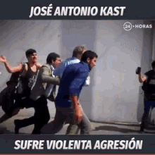 a group of people are running down a street with the words jose antonio kast written on the bottom .