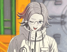 a girl wearing glasses and a white jacket with the letter a on the front