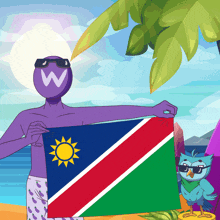 a man with a w on his head is holding a namibia flag