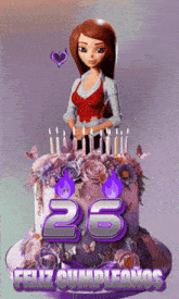 a birthday cake with the number 26 and a doll on top