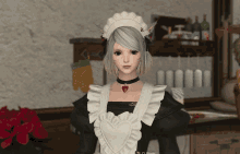 a woman in a maid costume has a heart shaped apron
