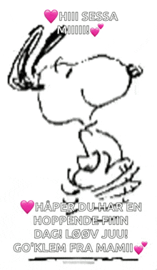 a black and white drawing of snoopy with the words " hii sessa miiii " on top