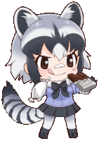 a cartoon of a raccoon girl holding a piece of chocolate