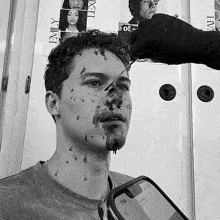 a black and white photo of a person with emily and dex on the wall