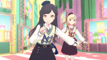 two anime girls are standing next to each other and one has a bag that says ' snoopy ' on it