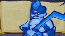 a blue and white cartoon character is holding a large arrow .