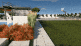 a rendering of a house with a basketball hoop that has the letter g on it