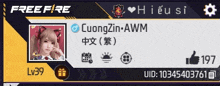 cuongzin-awm has a lv39 on his free fire profile