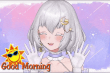 a girl with white hair and white gloves is smiling and says good morning