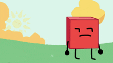 a cartoon drawing of a green object and a red block with angry faces