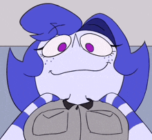 a cartoon drawing of a girl with blue hair and purple eyes