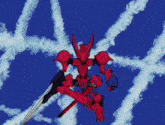 a red robot with a sword is surrounded by white clouds in the sky