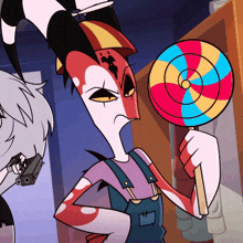 a cartoon character holding a lollipop with a target on it