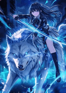 a girl is riding on the back of a wolf with a sword in her hand .