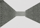 a black and white drawing of a brick wall with a door in the middle .