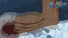 a cartoon drawing of a person 's arm with a blue background and the letters tmc on it