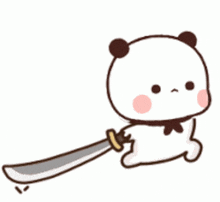 a cartoon panda bear is holding a sword in its hand .