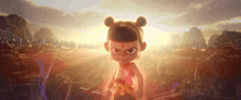 a cartoon character is standing in front of a sunset