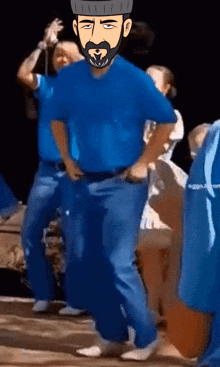 a cartoon of a man with a beard wearing a blue shirt and jeans