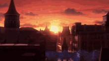 a sunset over a city with a tower in the foreground and the sun shining through the clouds