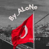 a red and white flag with the words by alone written on it