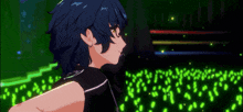 a blue haired anime character wearing glasses and a black top