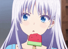 a girl with white hair and blue eyes is eating a watermelon ice cream
