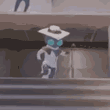 a cartoon character is standing on a set of stairs .