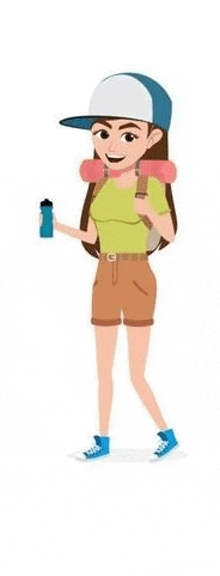 a woman with a backpack is holding a water bottle and a bottle of water .
