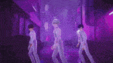 three anime characters are standing next to each other in a dark alleyway .