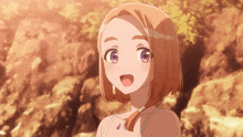 a girl with short hair and purple eyes is wearing a necklace