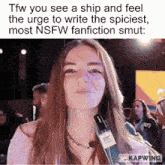 a picture of a woman with a caption that says tfw you see a ship and feel